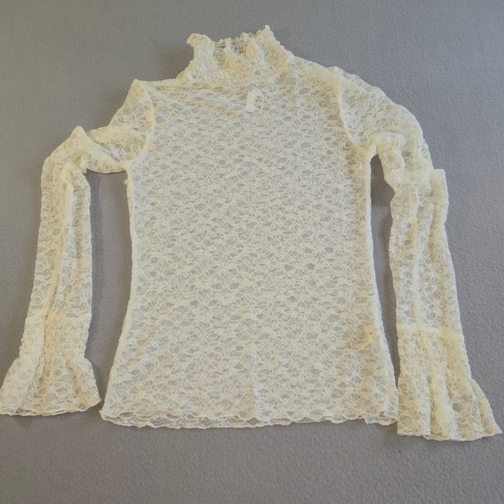 Illa Illa Lace Top Womens Large Cream Sheer Mock Neck Bell Sleeve T5029